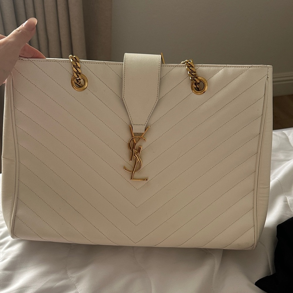 Saint Laurent Cream Chevron Tote with Gold Accents